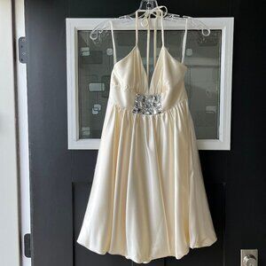 Jessica McClintock Satin Jeweled Halter Mini Dress 4 (XS) Cream